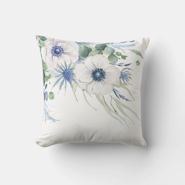 Coussin Bleu Duché Floral Verdure Aquarelle Élégante (Recto)