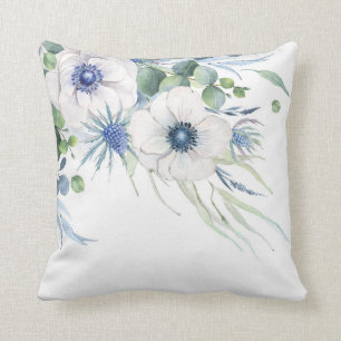 Coussin Bleu Duché Floral Verdure Aquarelle Élégante