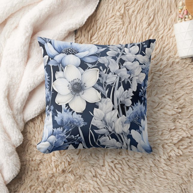 Coussin Bleu Dusty Blanc Fleurs d'hiver Marine (Couverture)