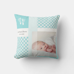 Coussin Bleu En vichy Empreintes bébé Photo de naissance