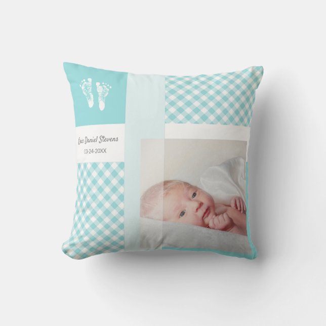 Coussin Bleu En vichy Empreintes bébé Photo de naissance (Recto)