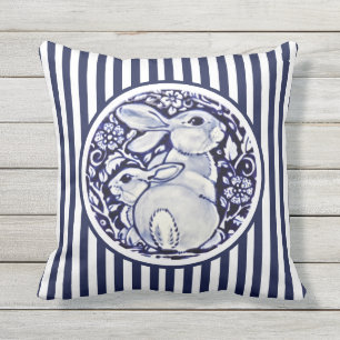 Coussin Bleu et blanc lapin Grandes bandes Dedham Floral