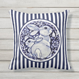 Coussin Bleu et blanc lapin Grandes bandes Dedham Floral
