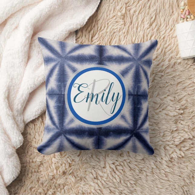 Coussin Bleu et blanc Shibori Cercle Tie Dye Nom du monogr (Couverture)
