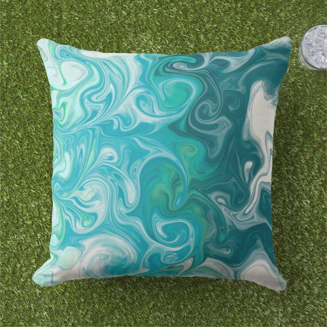 Coussin Bleu et vert Vagues Digital Fluid Art (Herbe)