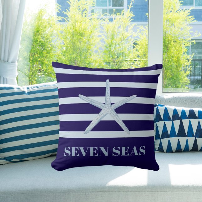 Coussin Bleu étoile de mer bande texte côtier (Créateur téléchargé)
