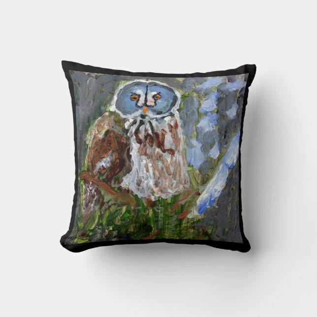 Coussin bleu-fait face excentrique de hibou (Recto)