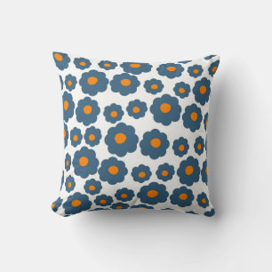 Coussin Bleu Fantaisiste & Orange Floral Retro, Joyeux