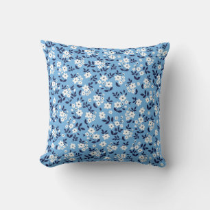 Coussin Bleu, Fleurs blanches : Vintage