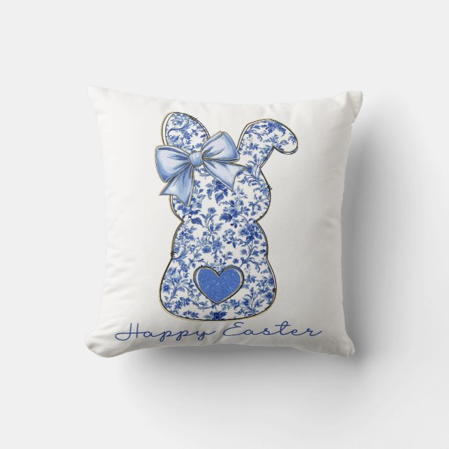 Coussin Bleu Floral Lapin de Pâques Coquette (Recto)