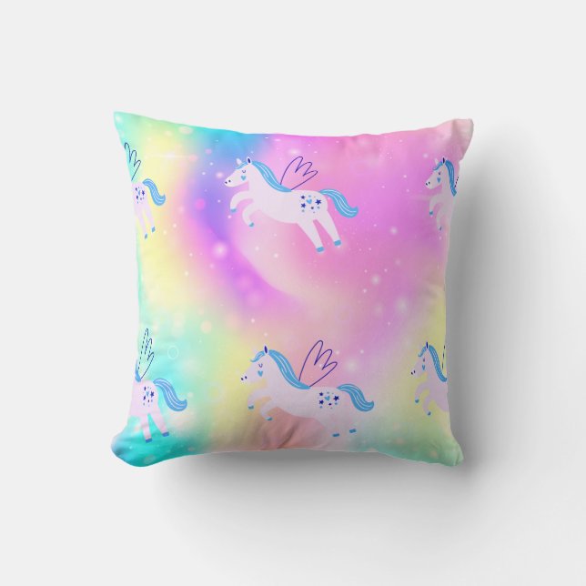 Coussin Bleu Flying Unicorns Rainbow Print Pillow (Recto)