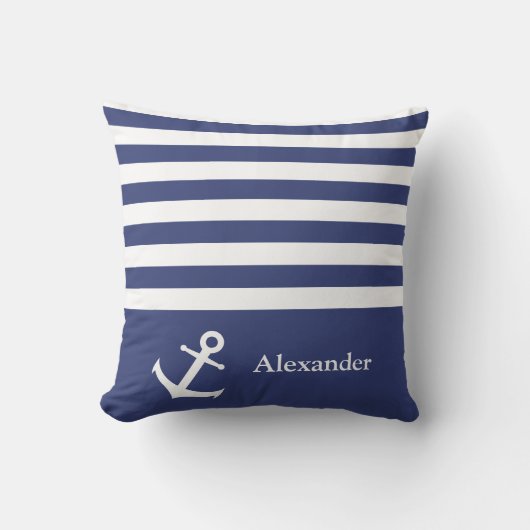 Coussin Bleu foncé et Blancs Nautiques Nom Ancre (Recto)