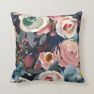 Coussin Bleu foncé et rose blush aquarelle floral chic