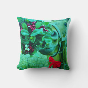 Coussin Bleu Glace Rétro, Cheval Brun,Noeud Rouge de Noël