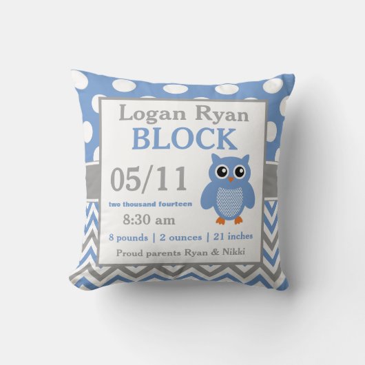 Coussin bleu gris de faire-part de bébé de hibou (Recto)