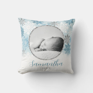 Coussin Bleu Hiver Flocon de neige personnalisé bébé photo