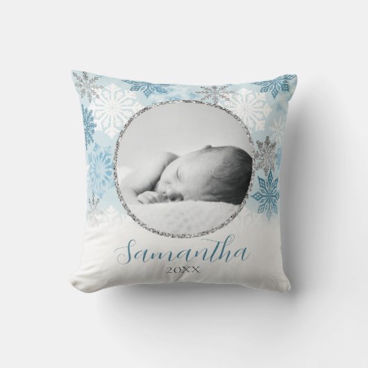 Coussin Bleu Hiver Flocon de neige personnalisé bébé photo (Recto)