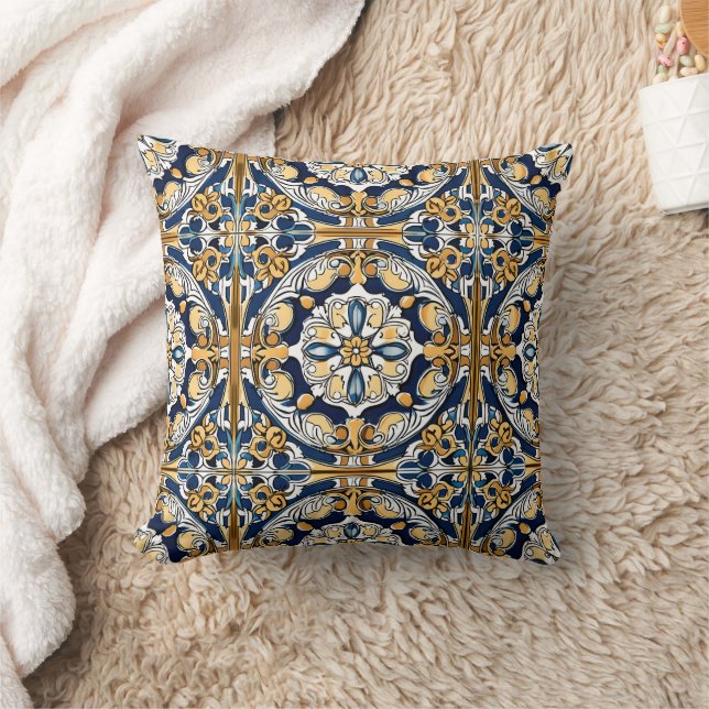 Coussin Bleu Jaune Blanc Noir Azuleju Espagnol Marocain (Couverture)