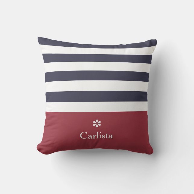 Coussin Bleu large Marine Rayures horizontales Nom rouge F (Recto)