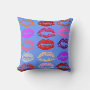 Coussin Bleu Lèvres d'art pop (Baisers) Arrière -