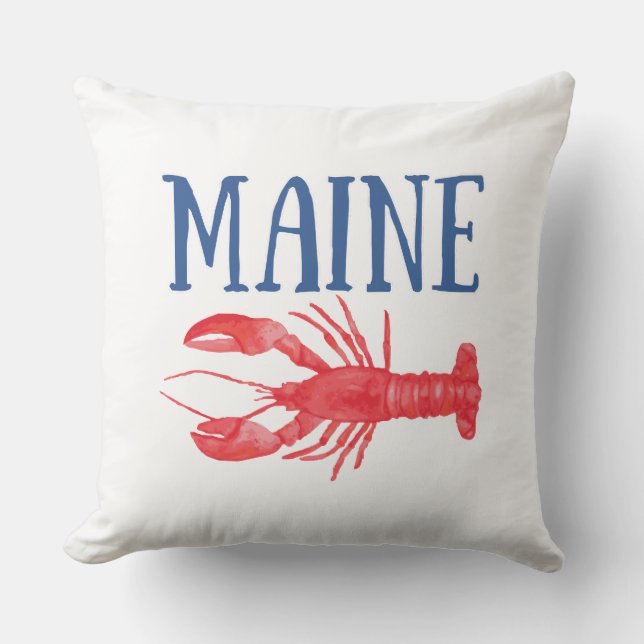 Coussin Bleu Maine Texte Aquarelle rouge Homard (Recto)