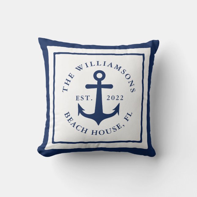 Coussin Bleu Marine Ancre marine Monogramme de famille (Recto)