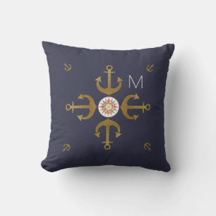 Coussin bleu marine ancres dorées jolies
