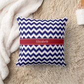 Coussin Bleu Marine Blanc Chevron Cranberry Monogramme Nom (Couverture)