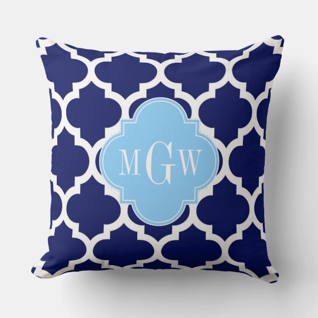 Coussin Bleu Marine Blanc Marocain #5 Bleu Ciel Monogramme (Recto)