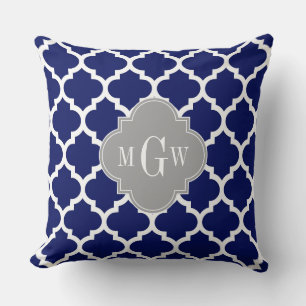Coussin Bleu Marine Blanc Marocain #5 Gris 3 Initial Monog