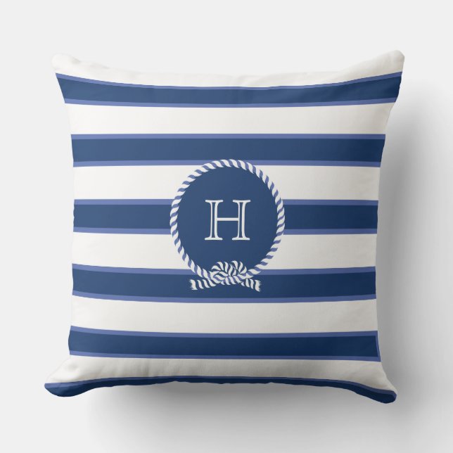 Coussin Bleu Marine Blanc Monogramme Nautique Stripes mode (Recto)