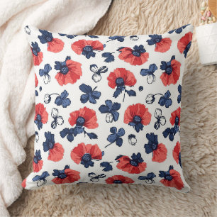 Coussin Bleu marine & Coquelicot Floral Vintage