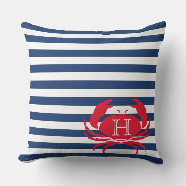 Coussin Bleu Marine Crabe Rouge Nautique Moderne Stripes E (Recto)