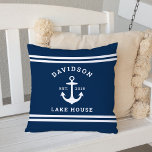 Coussin Bleu marine Custom Family Lac House<br><div class="desc">L'oreiller à jetons "Lake House" en polaire marine est doté d'une ancre de bateau de style côtier et de rayures. Personnalisez le texte personnalisé avec un nom de famille maison de lac (ou autre titre) avec l'année établie. Le bleu marine et le blanc sont des couleurs classiques. Tissus de coussins...</div>