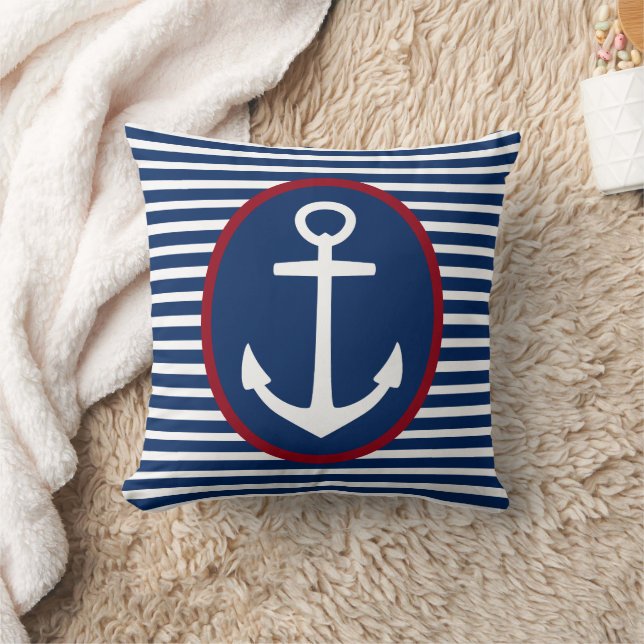 Coussin Bleu marine et rayures blanches avec ancre (Couverture)