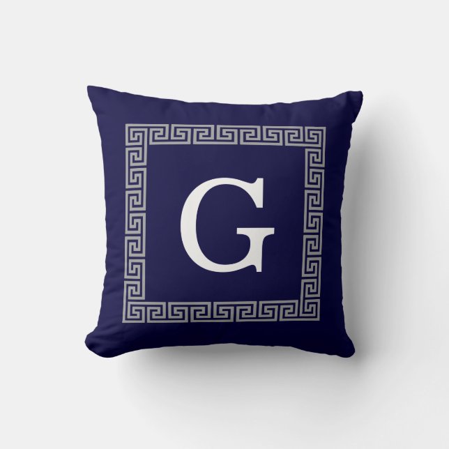 Coussin Bleu marine gris foncé clé grecque #1 monogramme e (Recto)