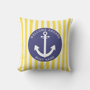 Coussin Bleu marine jaune rayé nom du bateau ancre nautiqu