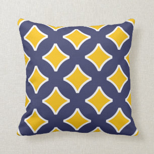 Coussin bleu marine, moutarde jaune, blanc, moderne
