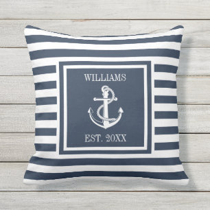 Coussin Bleu marine personnalisé Nom Rayure Ancre nautique