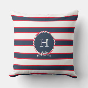 Coussin Bleu Marine Rouge Blanc Monogramme Nautique Bleu