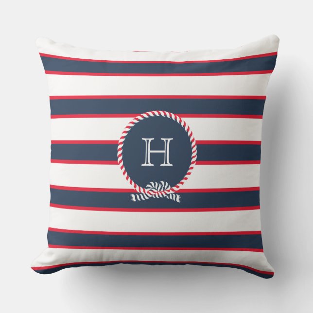 Coussin Bleu Marine Rouge Blanc Monogramme Nautique Bleu (Recto)