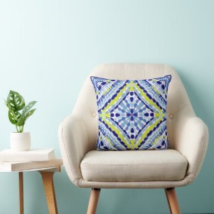 Coussin Bleu Méditerranéen Peint à la main en mosaïque