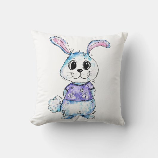 Coussin Bleu mignon et blanc et lapin rose (Recto)