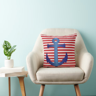 Coussin Bleu Nautique Ancre Rouge Blanc rayé