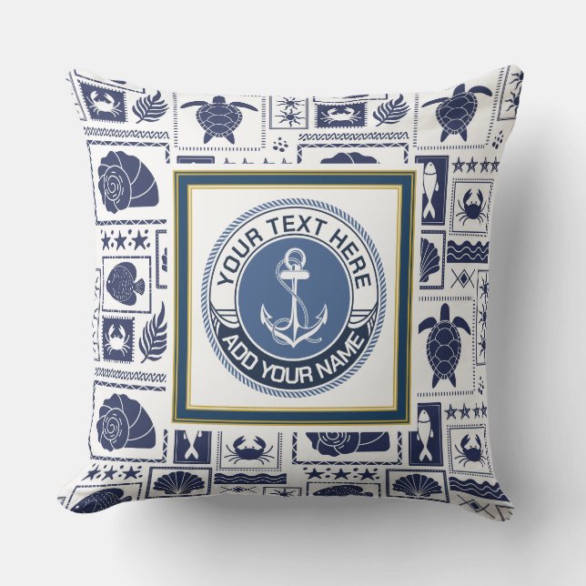 Coussin Bleu Nautique et Ancre Blanche Côtière (Recto)