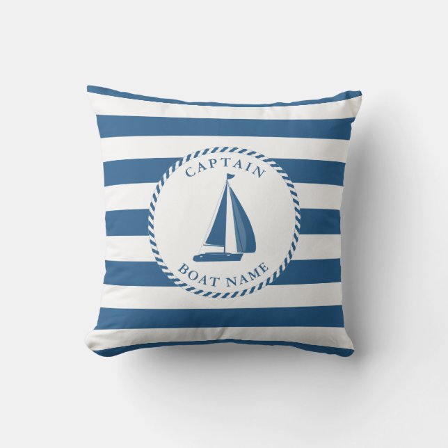 Coussin Bleu nautique et Bleu blanc Sailboat Capitaine (Recto)