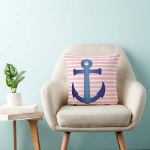 Coussin Bleu Nautique foncé Ancre rose rayures