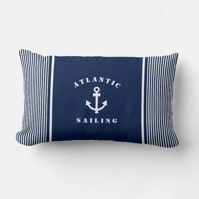 Coussin Bleu Nautique rayé avec Étiquette Ancre (Recto)