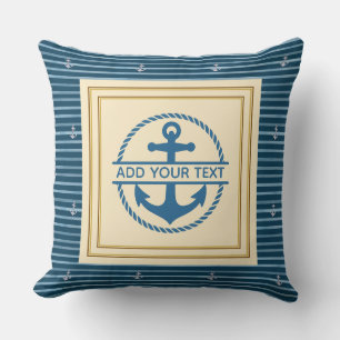 Coussin Bleu Nautique Rayures Blanches - Nom du Bateau Anc