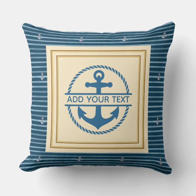 Coussin Bleu Nautique Rayures Blanches - Nom du Bateau Anc (Recto)